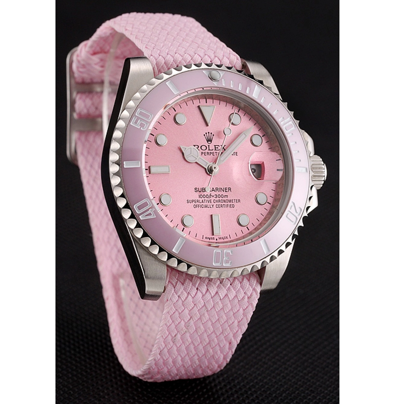 Aaa fake watches Submariner Bracelet Fabric Pink 1453866 Bezel Pink Rolex Dial Pink 0518